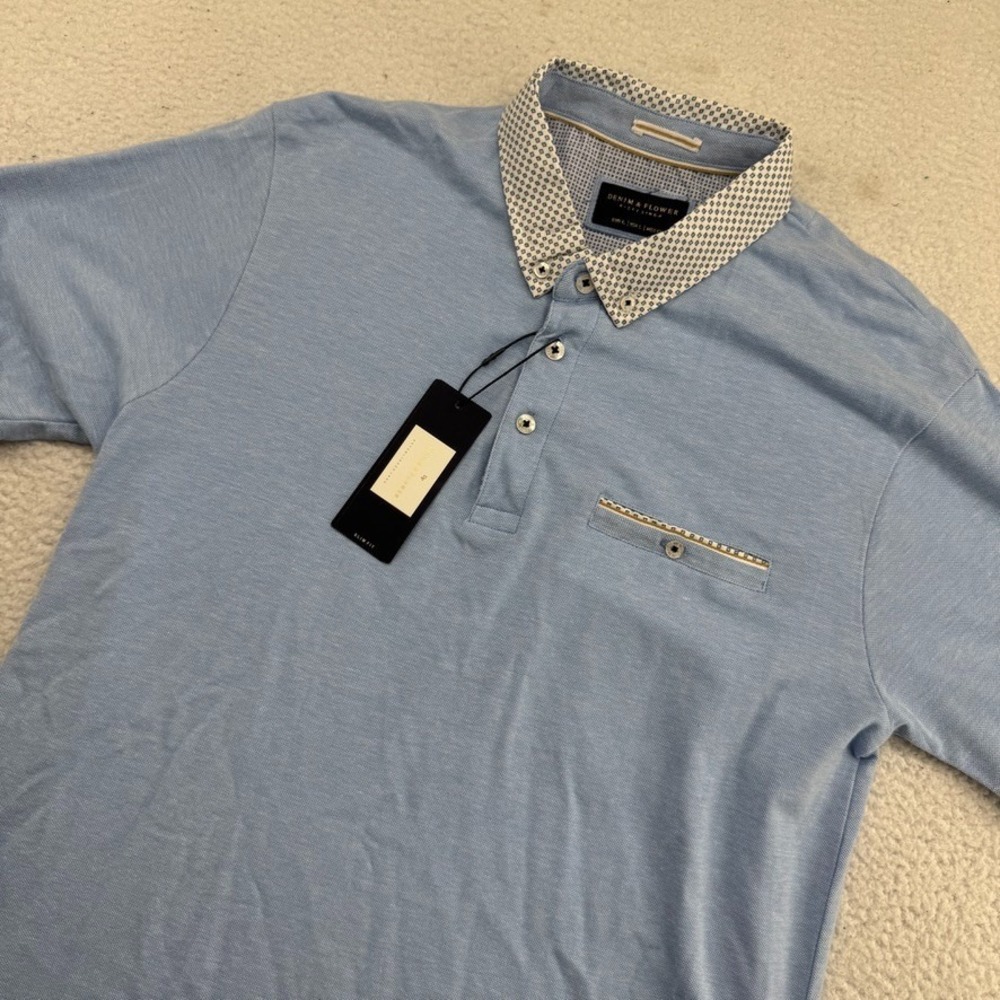 NWT Denim & Flower Polo Mens Large Blue Slim Fit Short Sleeve Geometric Collar